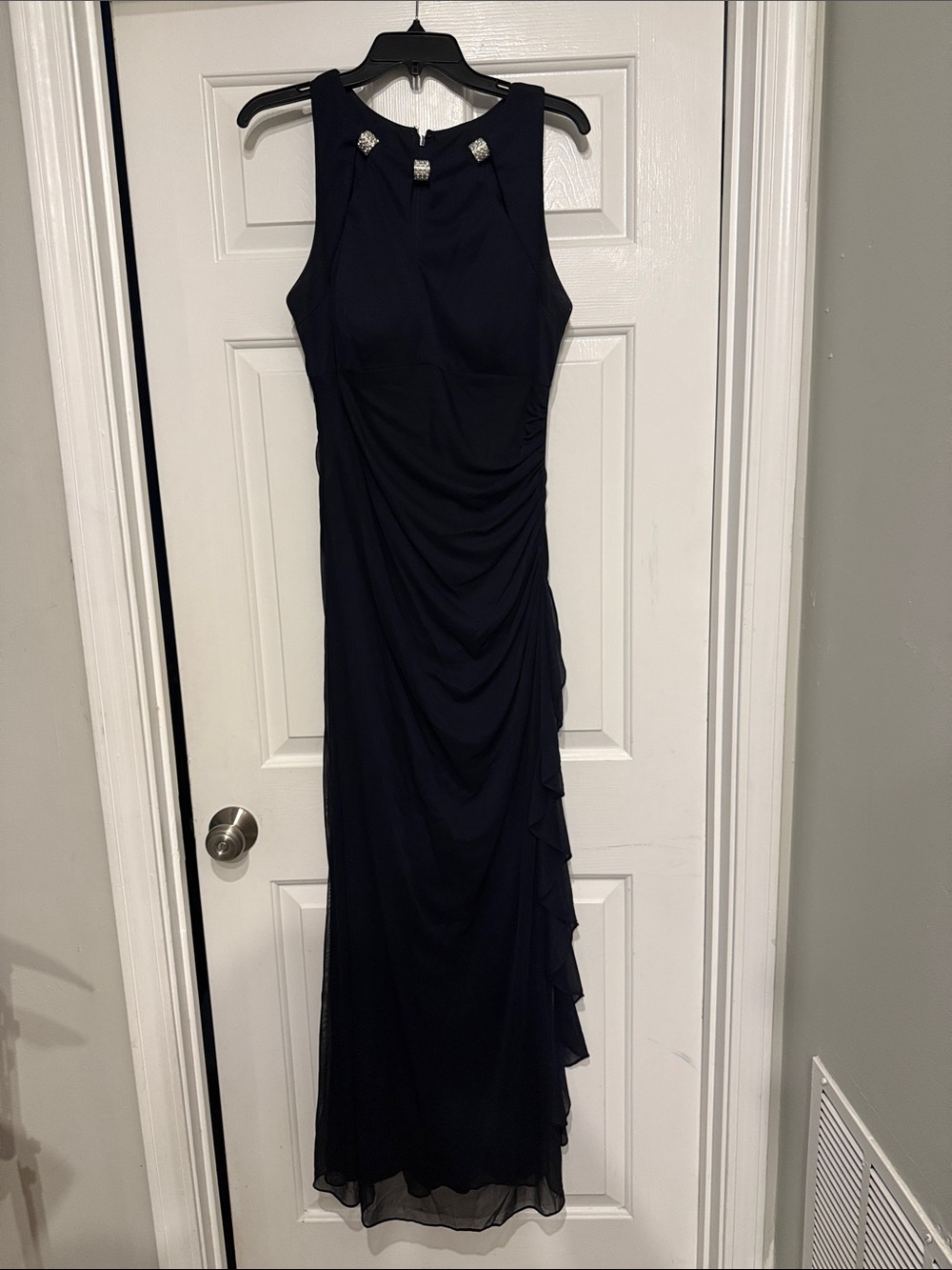 Betsy & Adam Navy Sleeveless Maxi Dress with Jewel Accents
